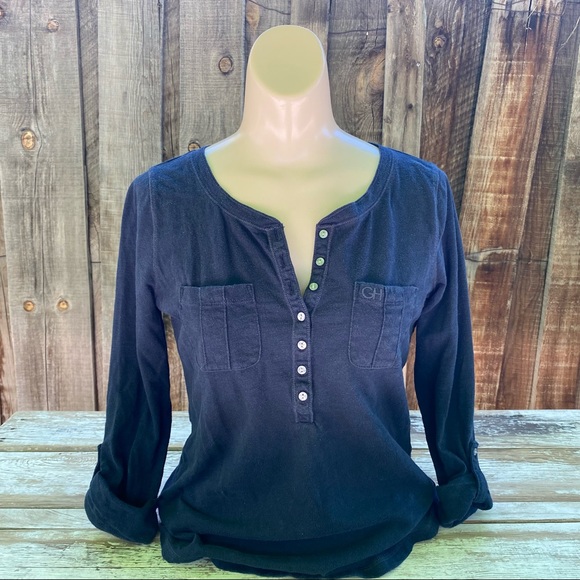 Tops - Blue Gilly Hick’s Hollister tee • 3/4” sleeves • Size S • button front pull over